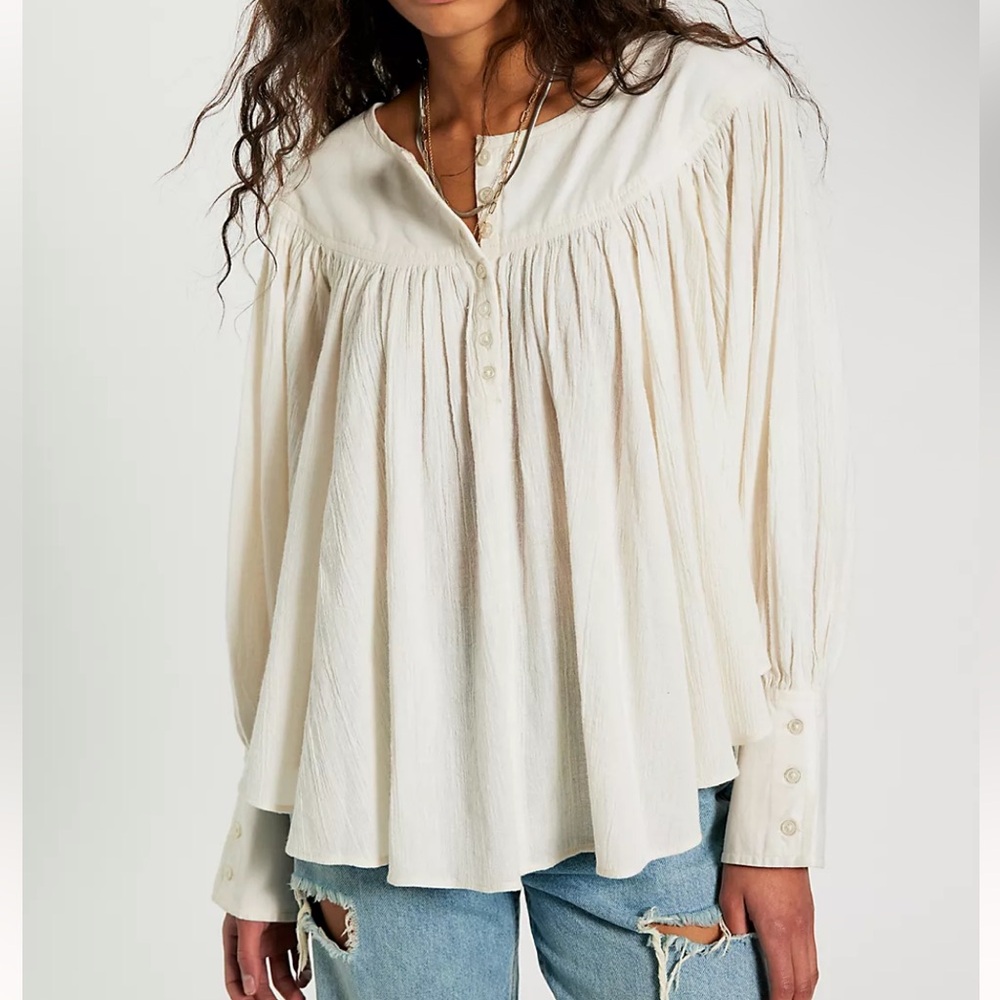 NWT Free People Malibu Crinkle Top Women's Cream Button-Up Blouse
